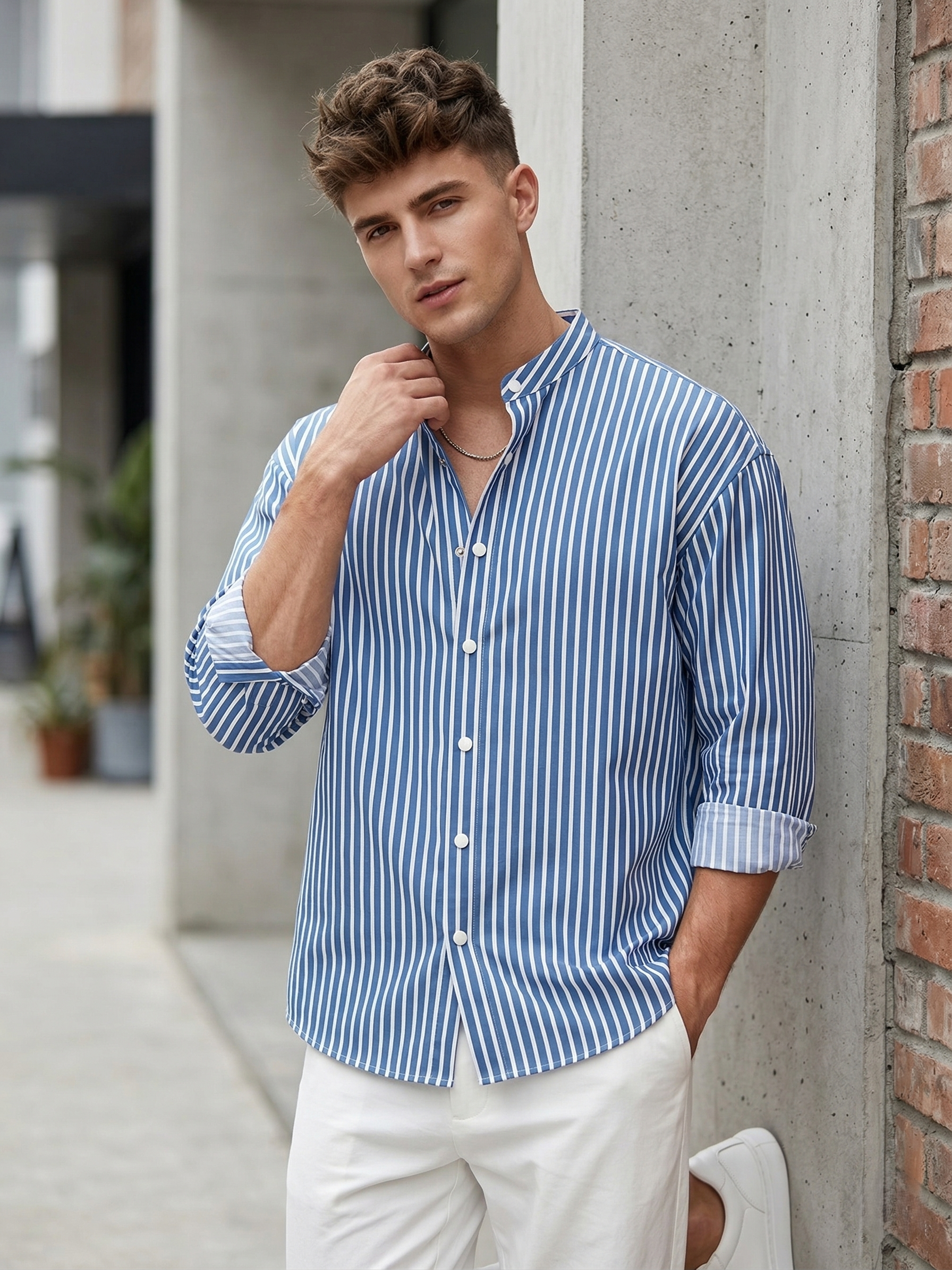 Band Collar Striped Shirt