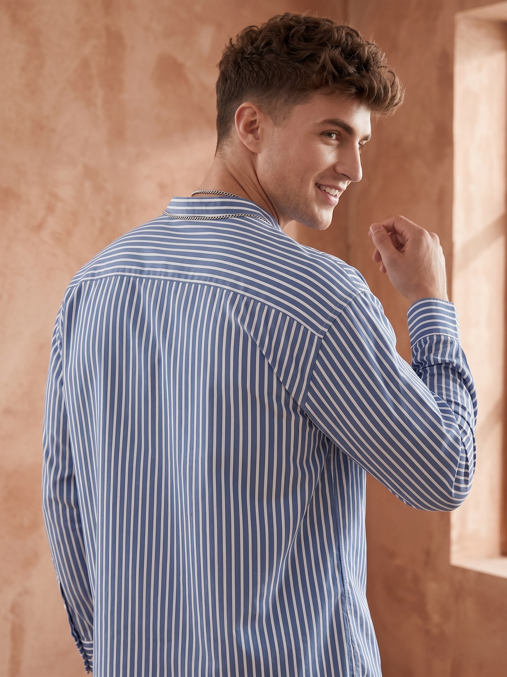 Band Collar Striped Shirt