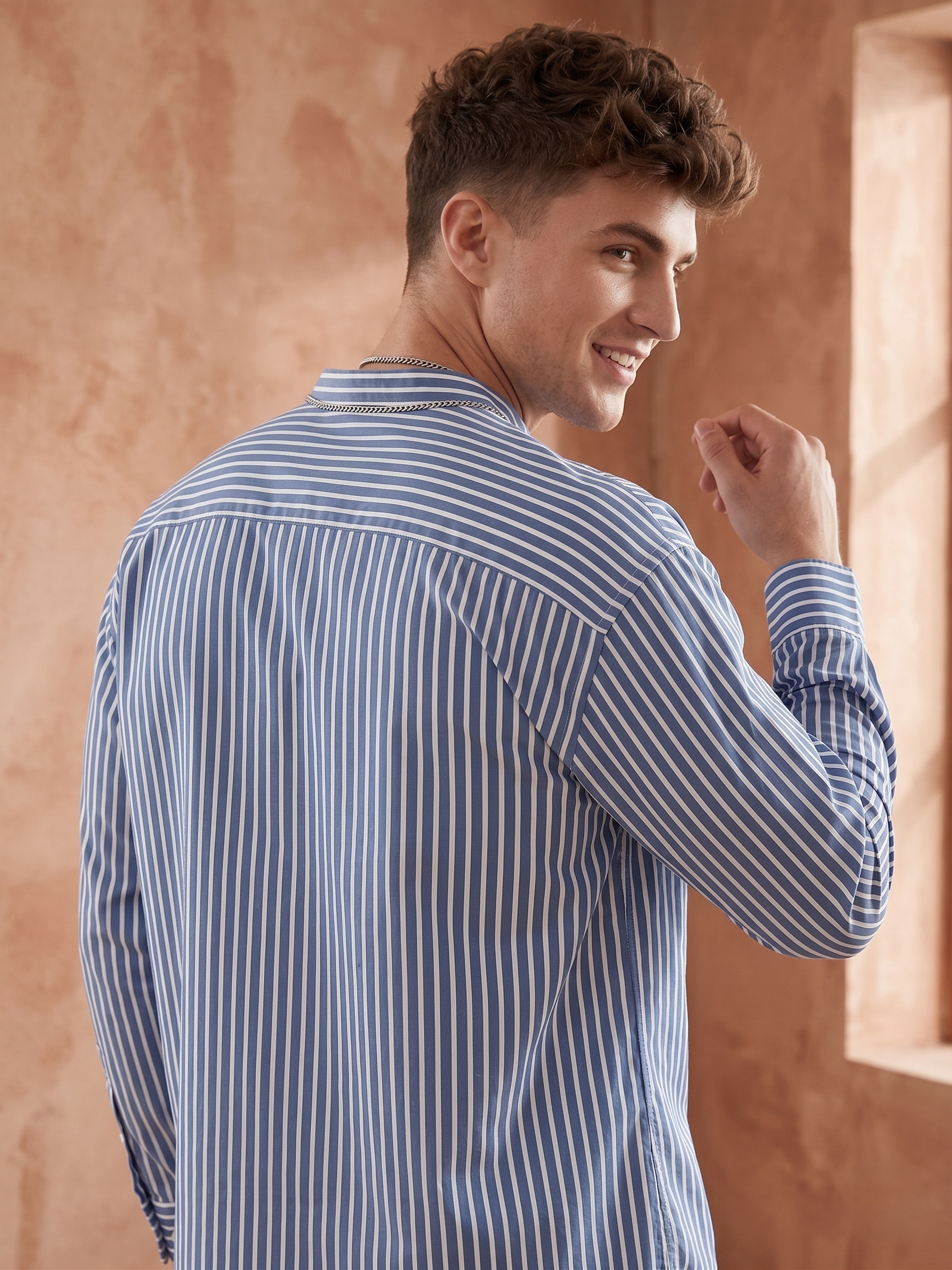 Band Collar Striped Shirt