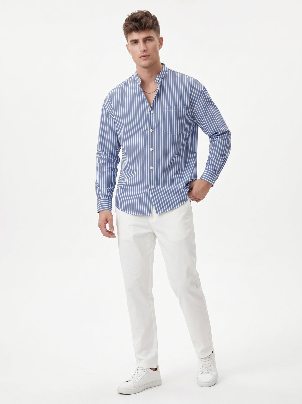 Band Collar Striped Shirt