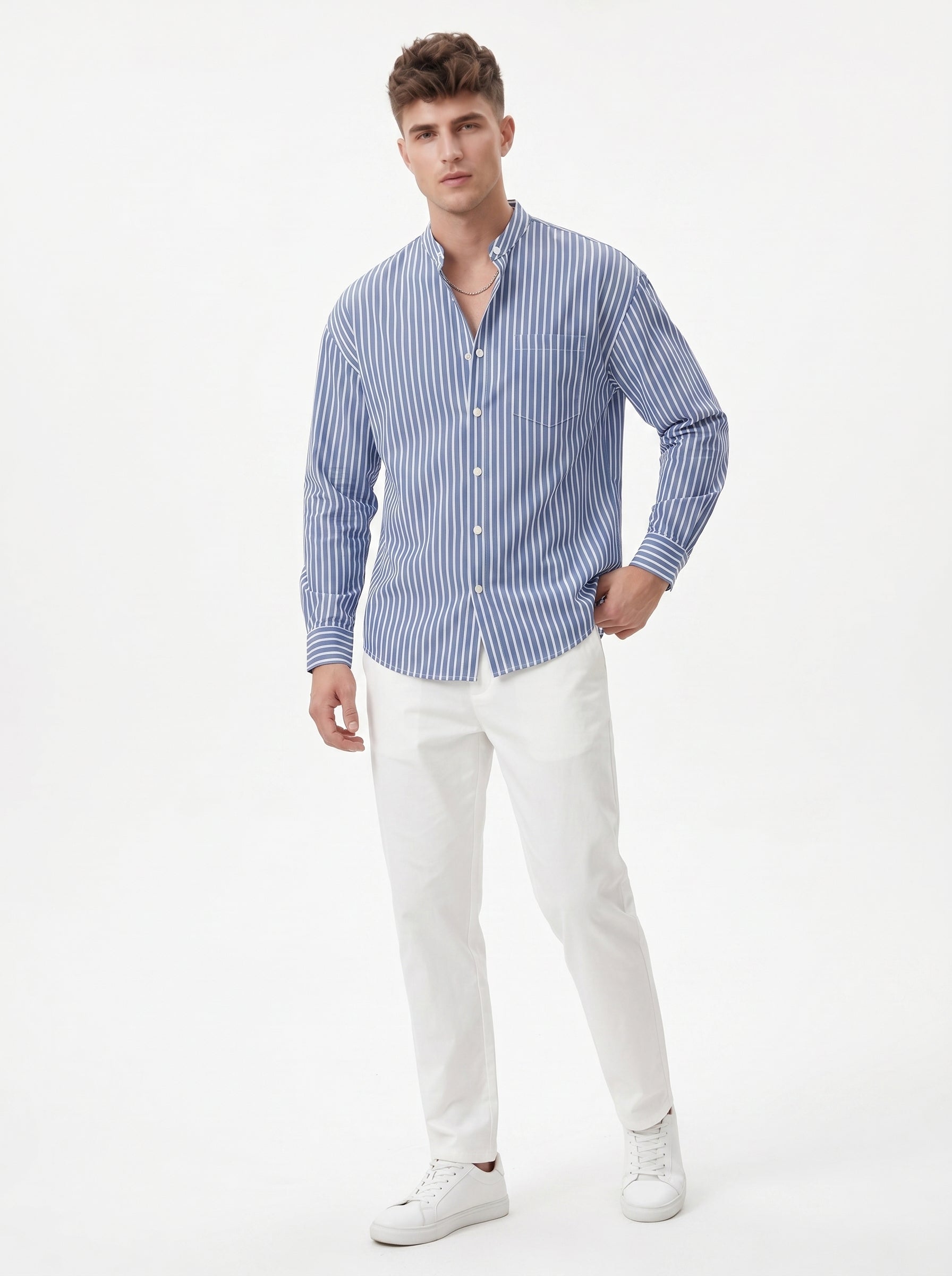 Band Collar Striped Shirt