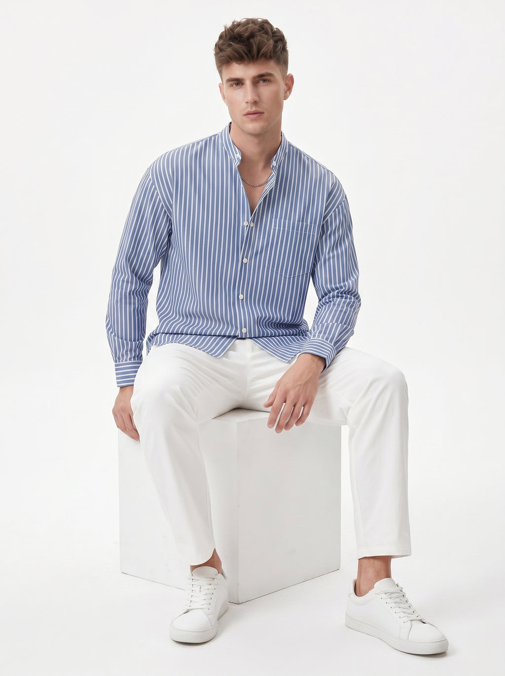 Band Collar Striped Shirt