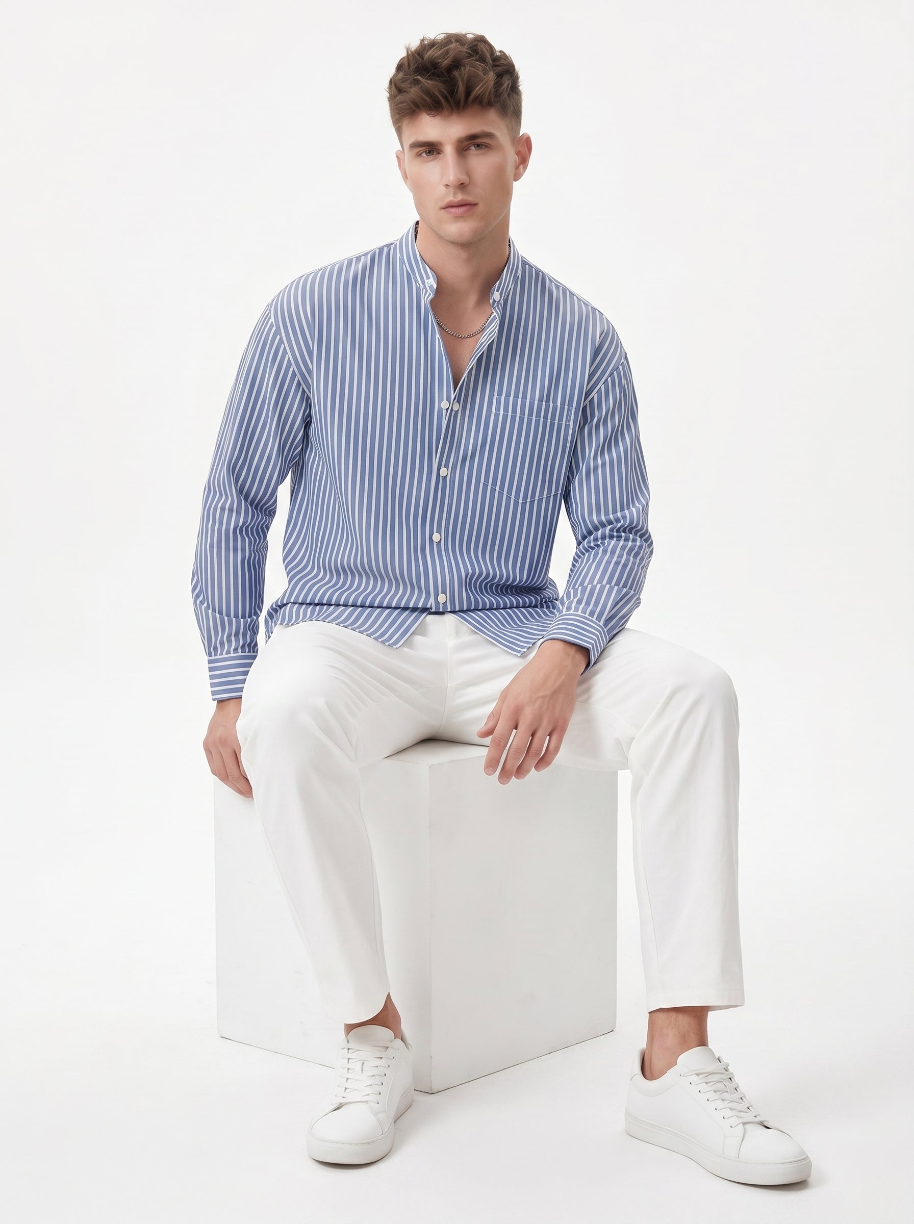 Band Collar Striped Shirt