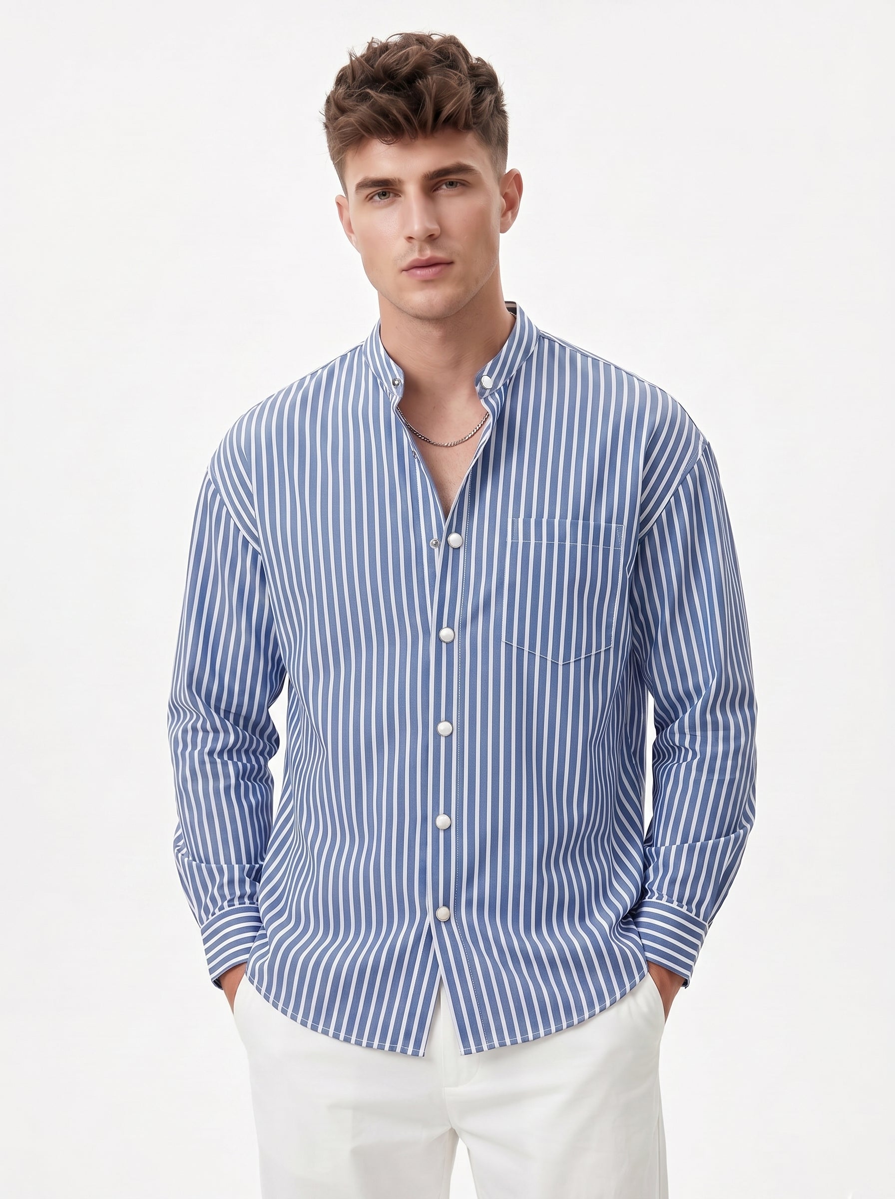 Band Collar Striped Shirt