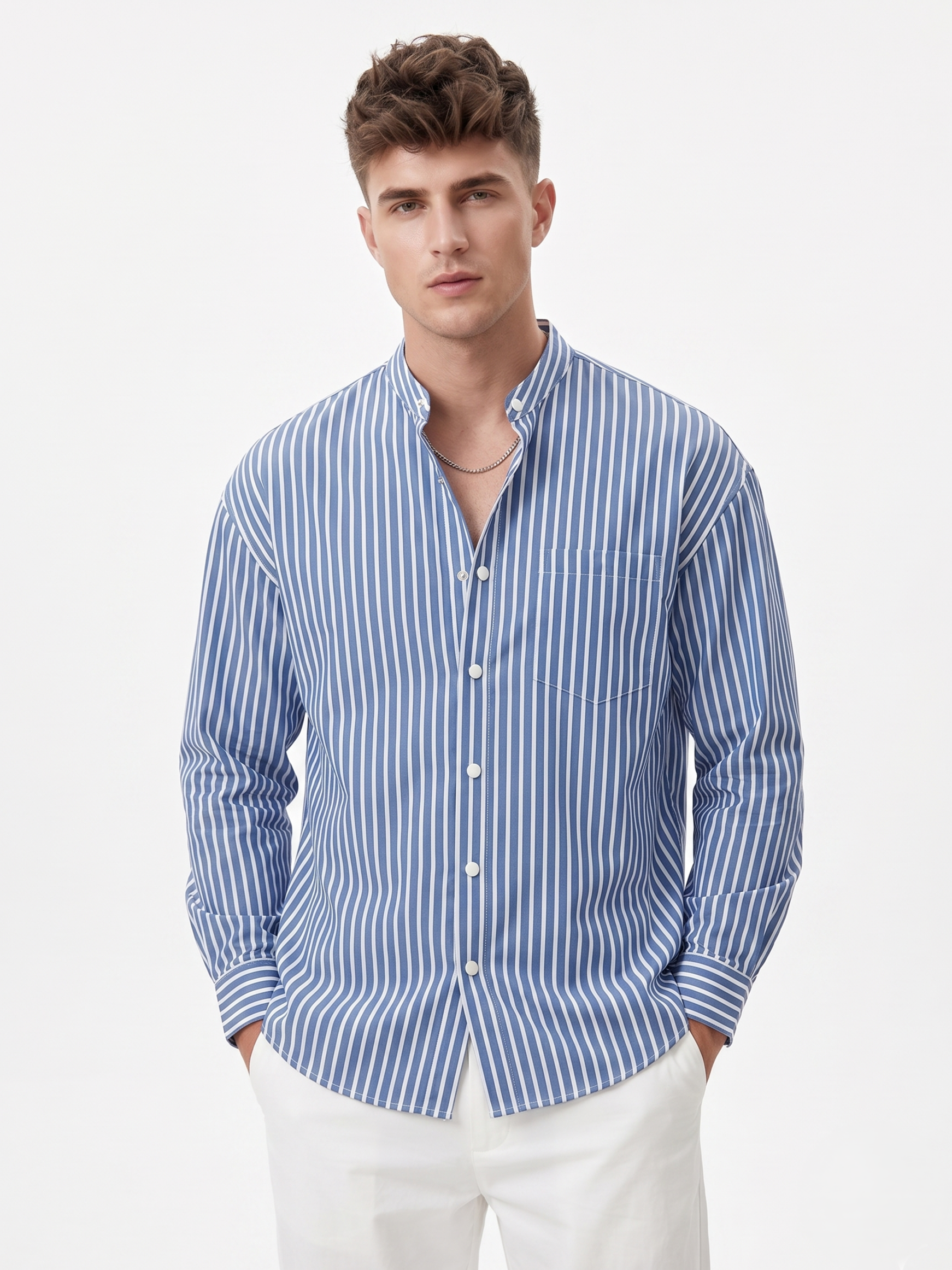 Band Collar Striped Shirt